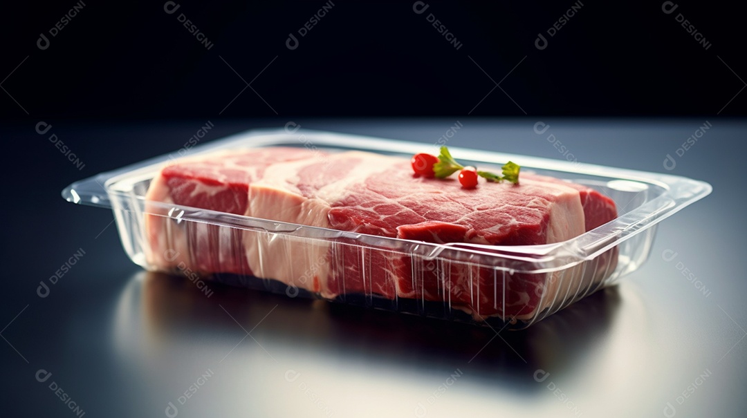 Cubos de carne cortada sobre pote de plástico