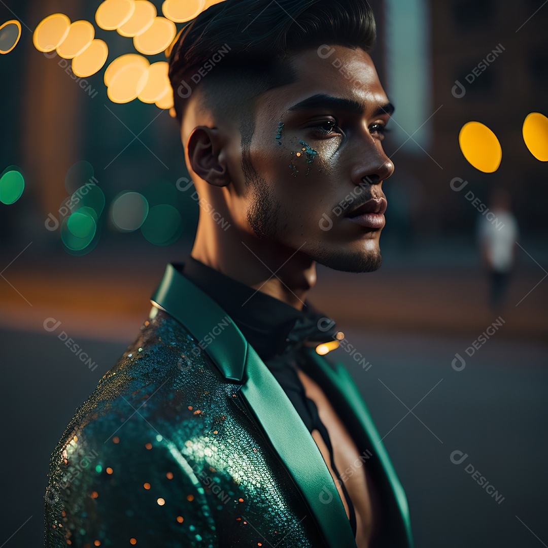 Jovem vestindo lantejoulas roxas na frente