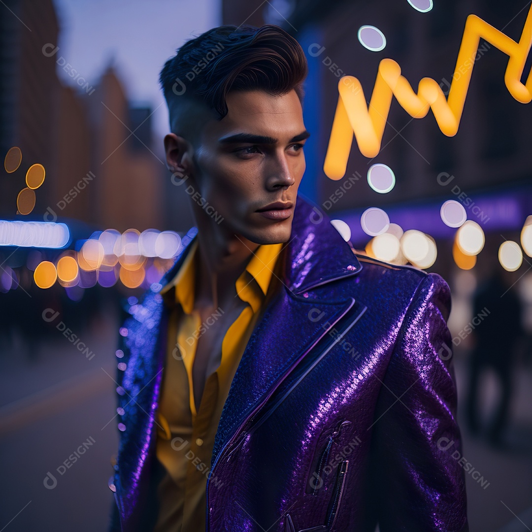 Jovem vestindo lantejoulas roxas na frente