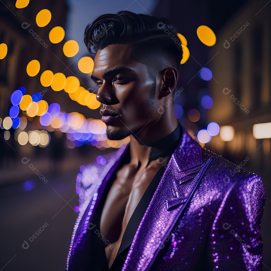 Jovem vestindo lantejoulas roxas na frente