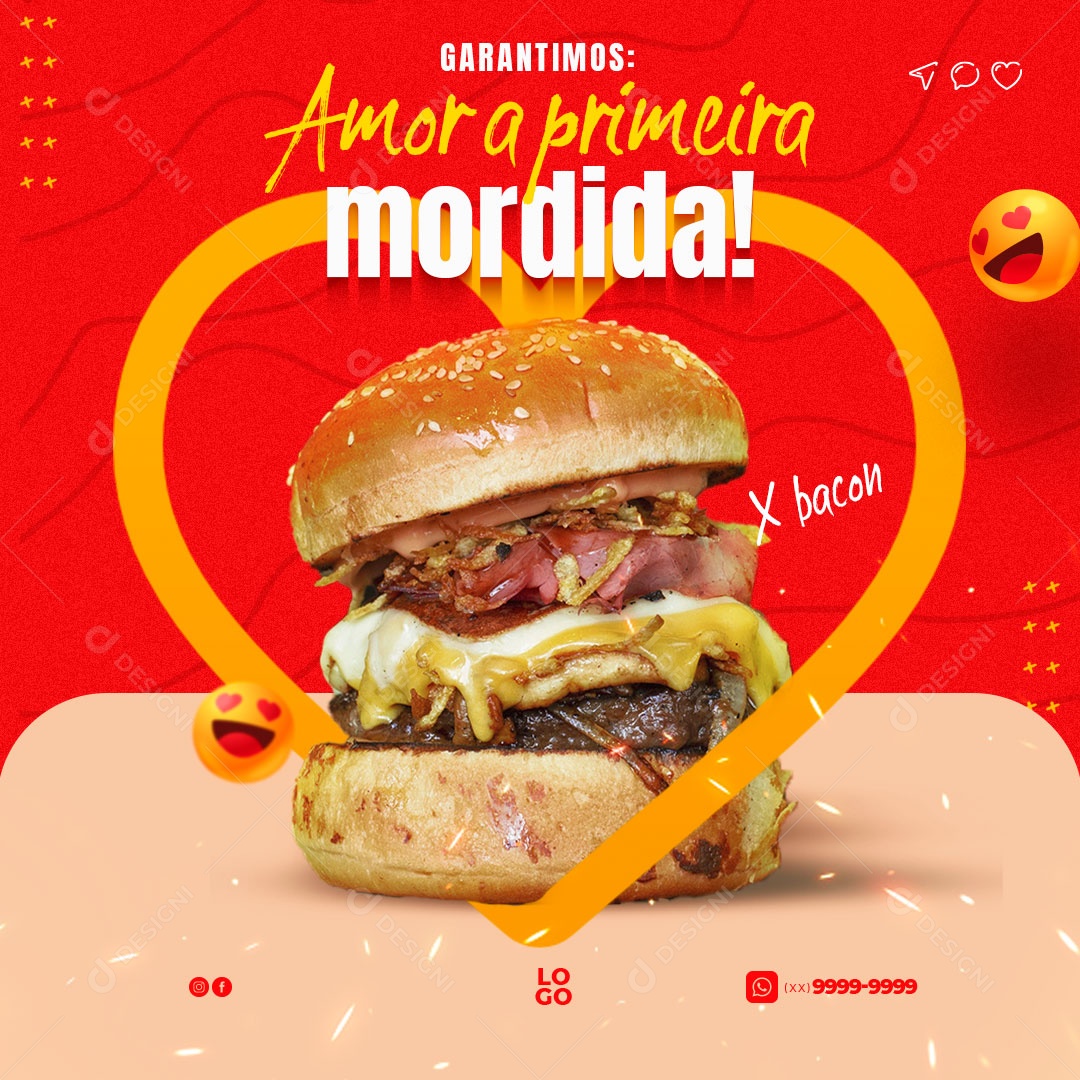 Amor a Primeira Mordida X Bacon Hamburgueria Social Media PSD Editável