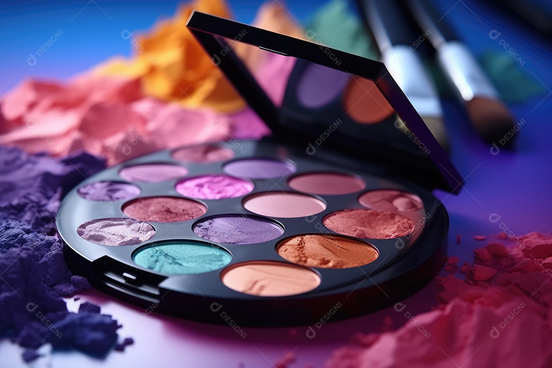 Paleta de maquiagem em fundo colorido com pincéis e esponjas para maquiagem gerada por IA