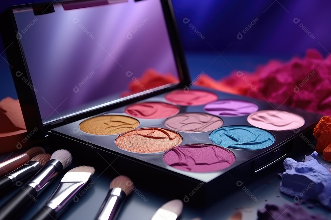 Paleta de maquiagem em fundo colorido com pincéis e esponjas para maquiagem gerada por IA