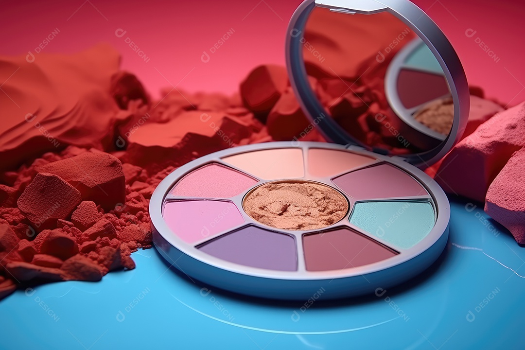 Paleta de maquiagem em fundo colorido com pincéis e esponjas para maquiagem gerada por IA