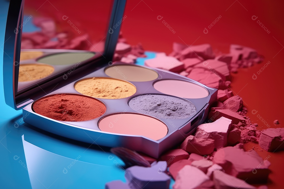 Paleta de maquiagem em fundo colorido com pincéis e esponjas para maquiagem gerada por IA