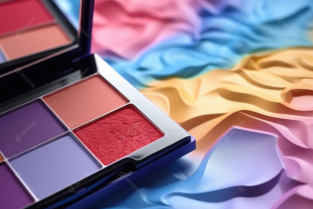 Paleta de maquiagem em fundo colorido com pincéis e esponjas para maquiagem gerada por IA