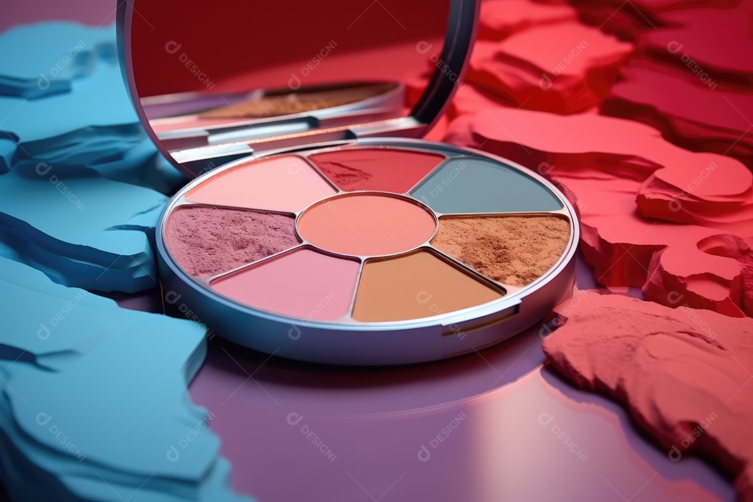 Paleta de maquiagem em fundo colorido com pincéis e esponjas para maquiagem gerada por IA