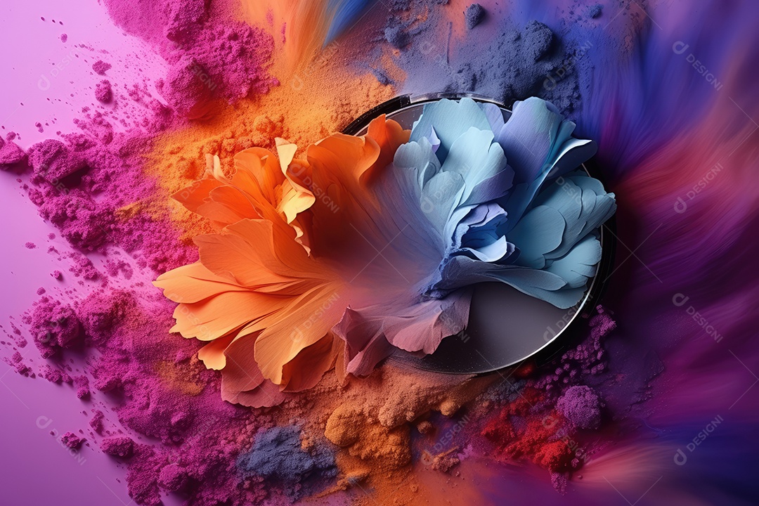 Paleta de maquiagem em fundo colorido com pincéis e esponjas para maquiagem gerada por IA