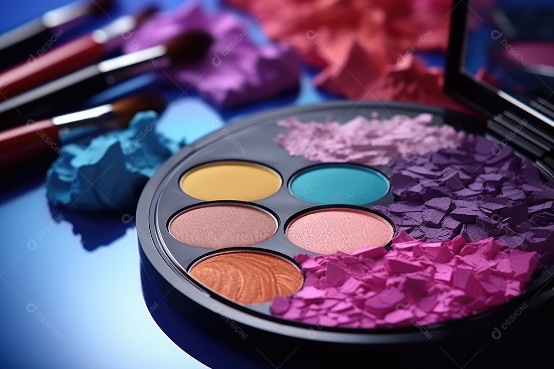 Paleta de maquiagem em fundo colorido com pincéis e esponjas para maquiagem gerada por IA