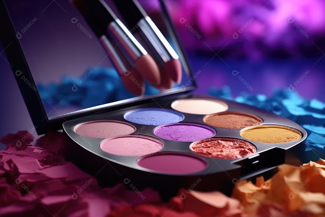 Paleta de maquiagem em fundo colorido com pincéis e esponjas para maquiagem gerada por IA