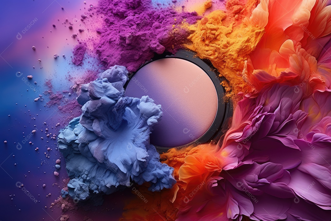 Paleta de maquiagem em fundo colorido com pincéis e esponjas para maquiagem gerada por IA