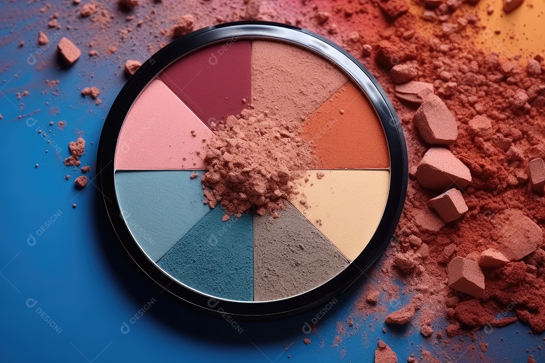 Paleta de maquiagem em fundo colorido com pincéis e esponjas para maquiagem gerada por IA