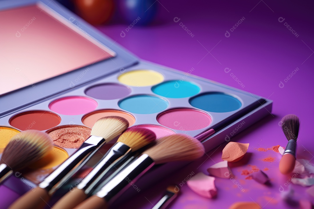 Paleta de maquiagem em fundo colorido com pincéis e esponjas para maquiagem gerada por IA