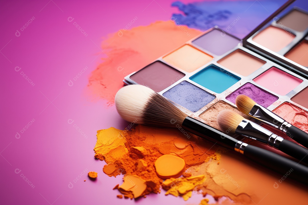 Paleta de maquiagem em fundo colorido com pincéis e esponjas para maquiagem gerada por IA