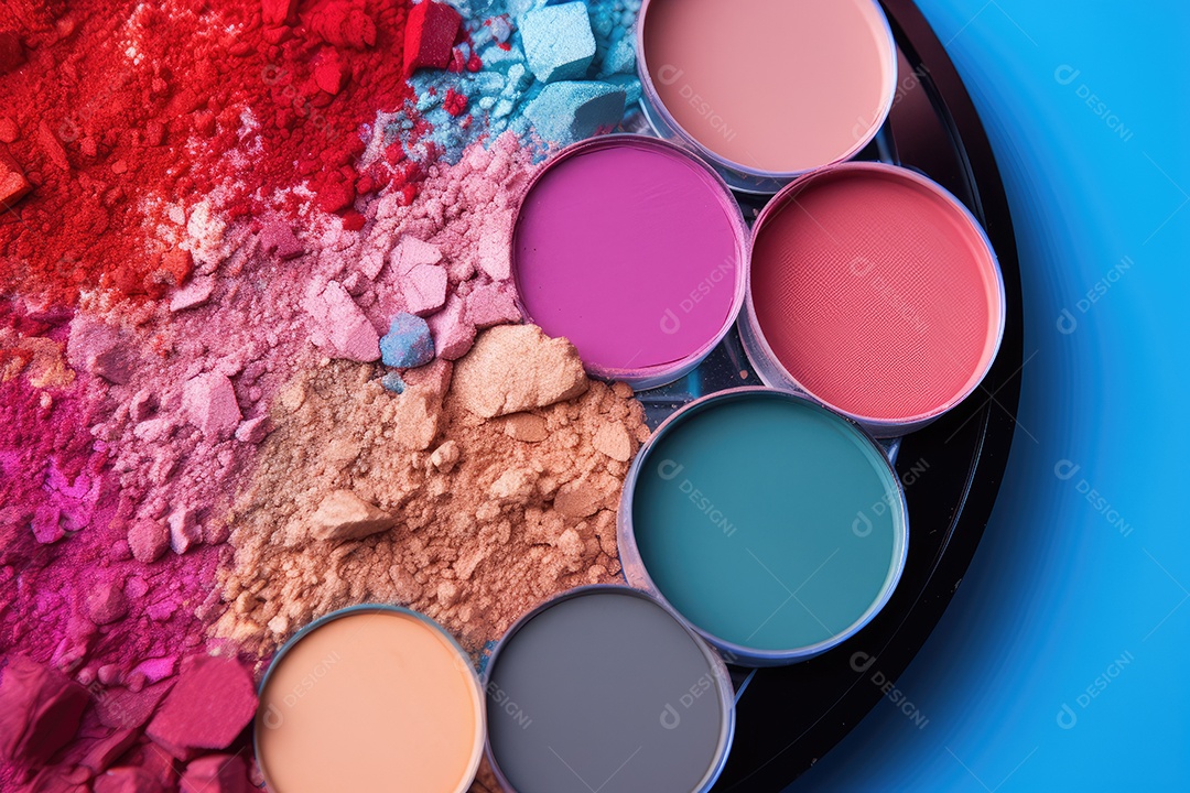 Paleta de maquiagem em fundo colorido com pincéis e esponjas para maquiagem gerada por IA