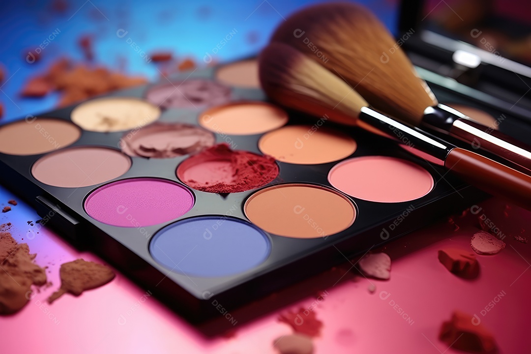 Paleta de maquiagem em fundo colorido com pincéis e esponjas para maquiagem gerada por IA