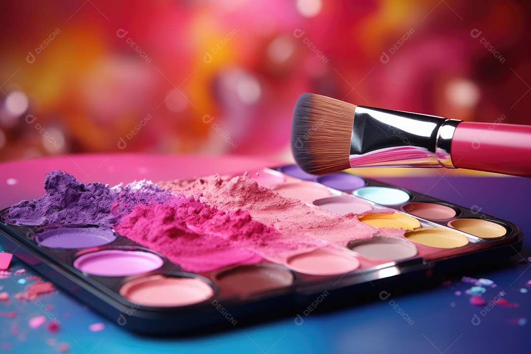Paleta de maquiagem em fundo colorido com pincéis e esponjas para maquiagem gerada por IA