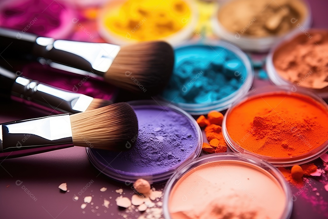 Paleta de maquiagem em fundo colorido com pincéis e esponjas para maquiagem gerada por IA