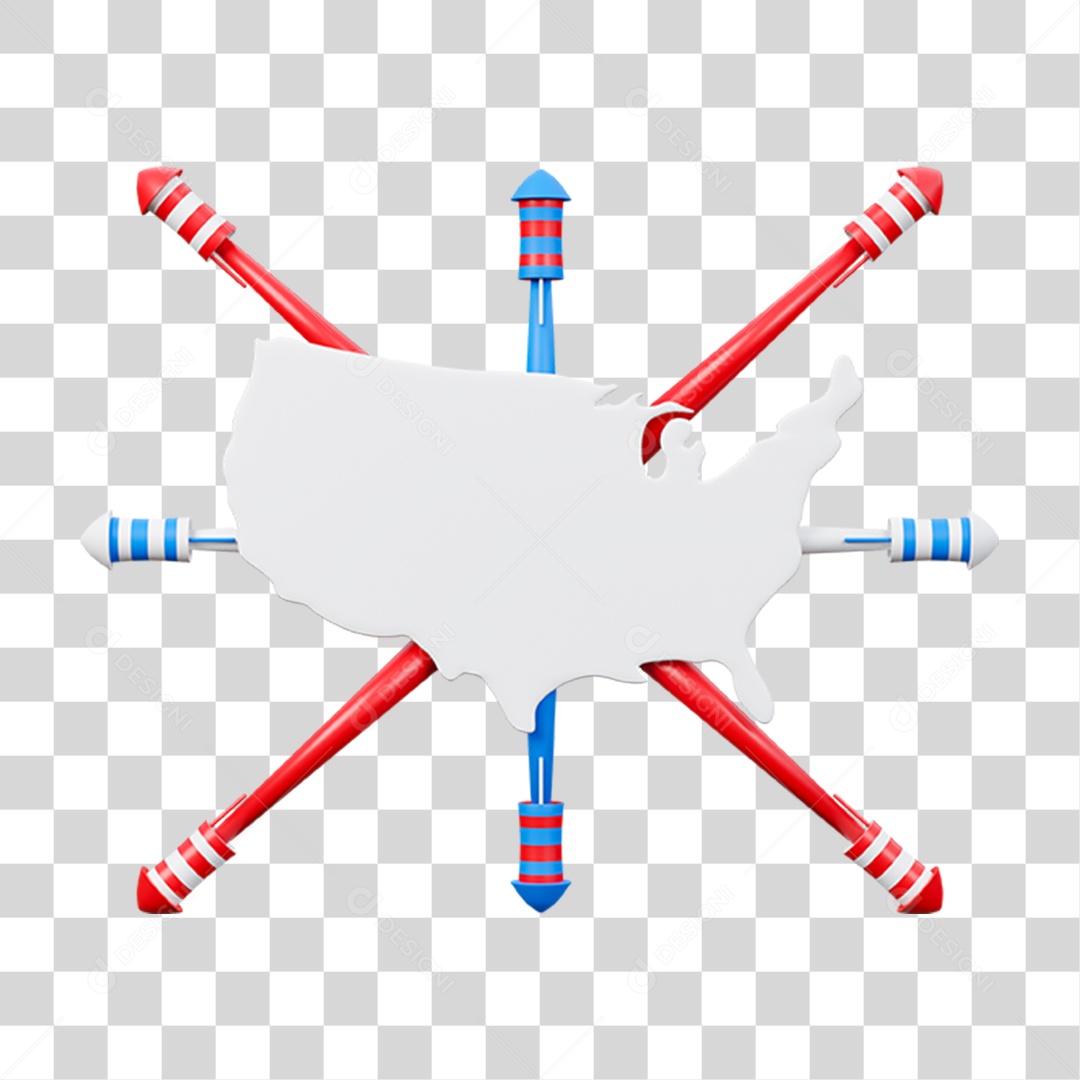 Elemento 3D Fogos Americanos para Composição PNG Transparente