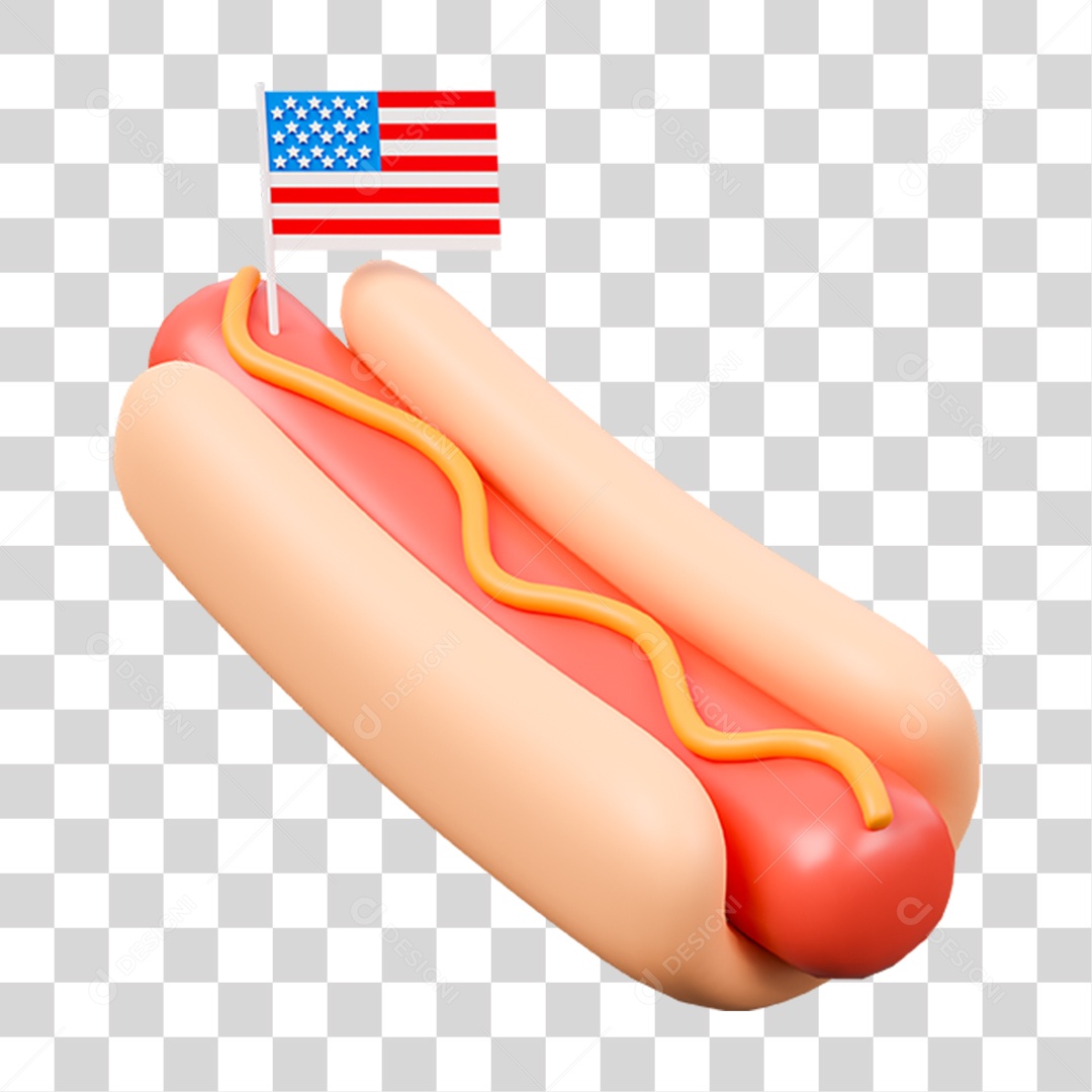 Elemento 3D Hot Dog Americano Com Bandeira para Composição PNG Transparente
