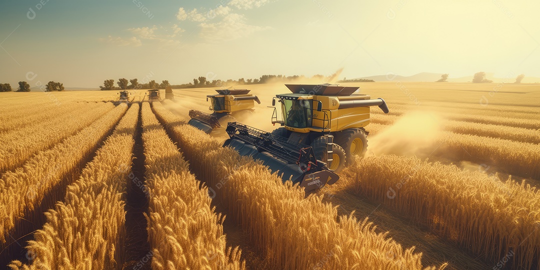 Trator rural de grande potência avançando por plantas de trigo para colheita de alta produtividade.