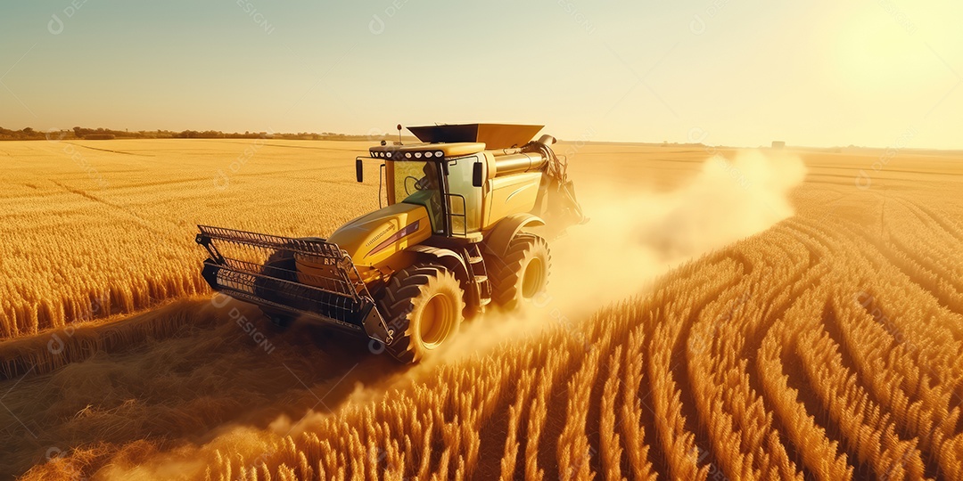 Trator rural de grande potência avançando por plantas de trigo para colheita de alta produtividade.