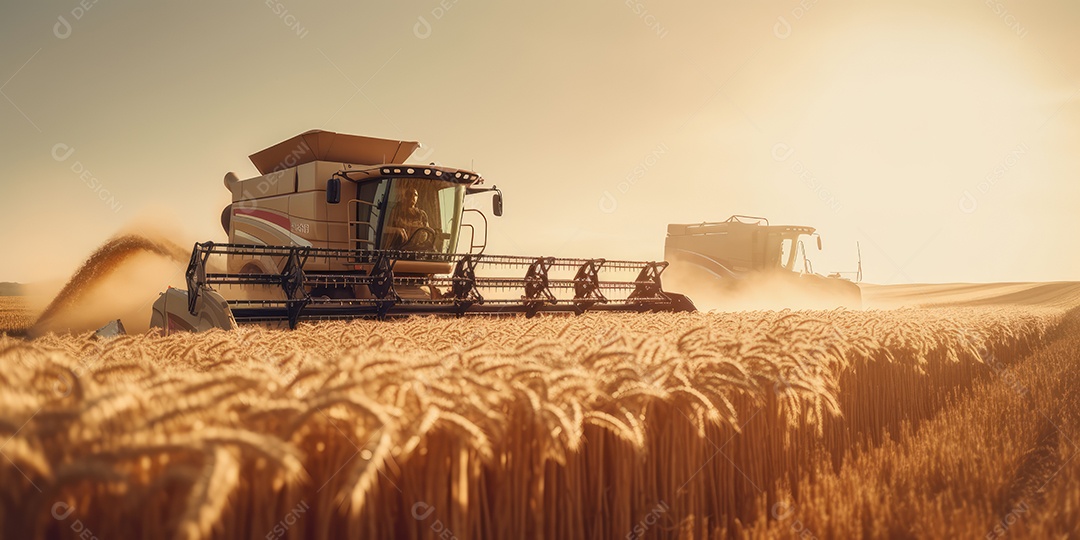 Trator rural de grande potência avançando por plantas de trigo para colheita de alta produtividade.