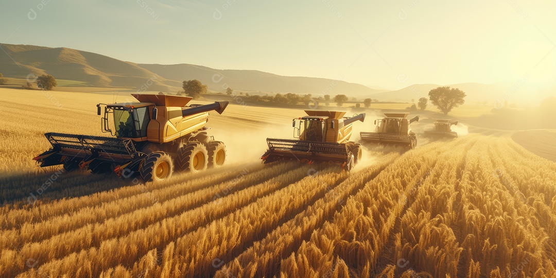 Trator rural de grande potência avançando por plantas de trigo para colheita de alta produtividade.