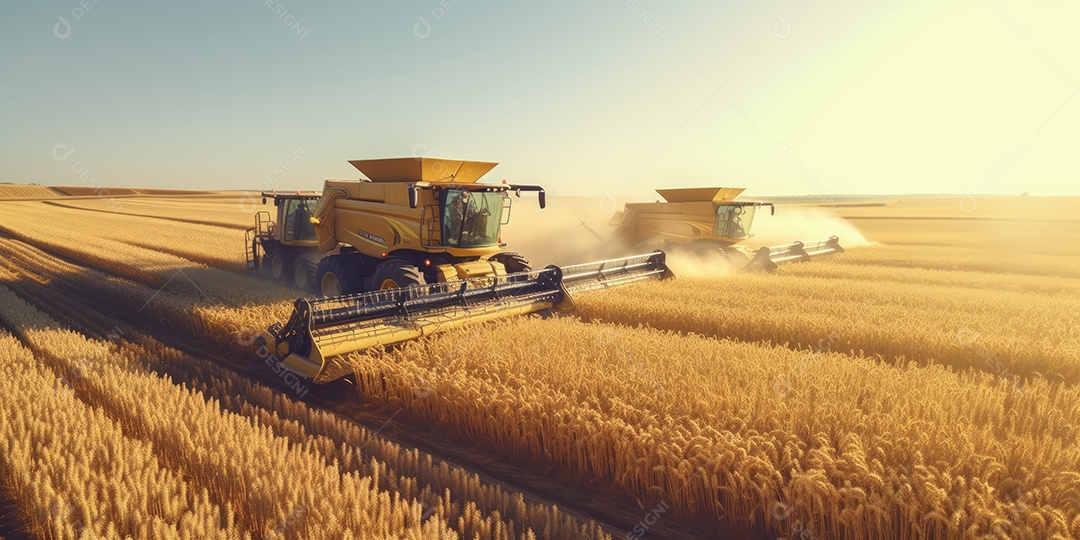 Trator rural de grande potência avançando por plantas de trigo para colheita de alta produtividade.