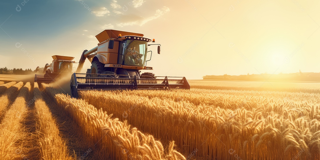 Trator rural de grande potência avançando por plantas de trigo para colheita de alta produtividade.