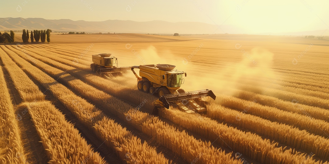 Trator rural de grande potência avançando por plantas de trigo para colheita de alta produtividade.