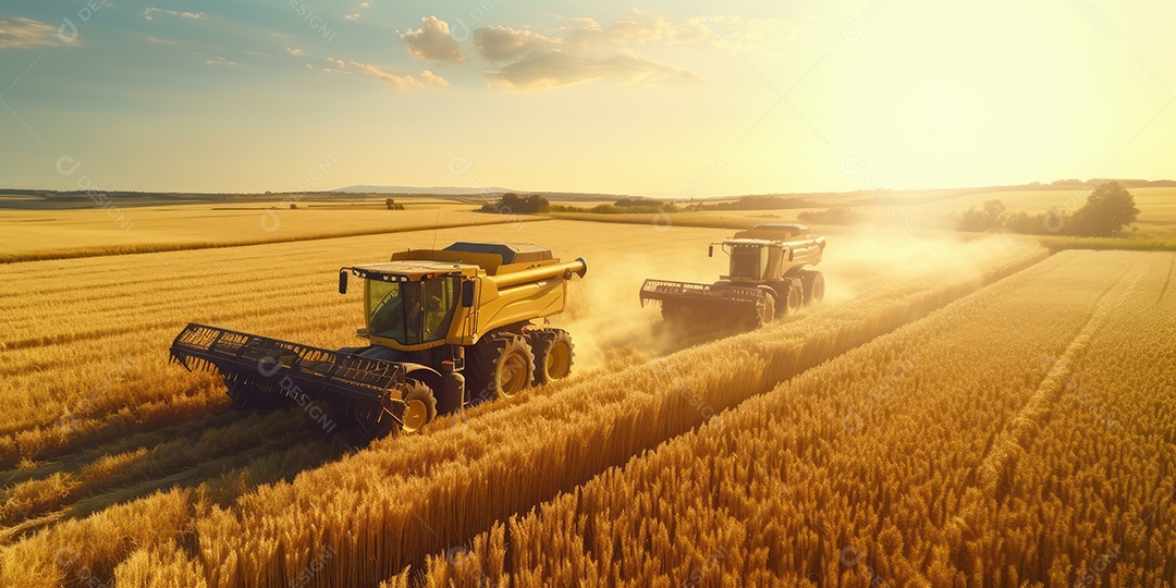 Trator rural de grande potência avançando por plantas de trigo para colheita de alta produtividade.