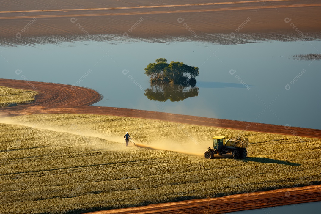 Trator rural de grande potência avançando por plantas de trigo para colheita de alta produtividade.
