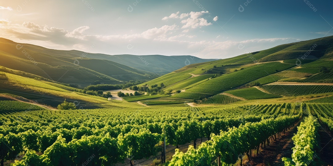 Campo verde com fileiras de videiras para colheita. Uvas maduras para a produção de vinhos finos.