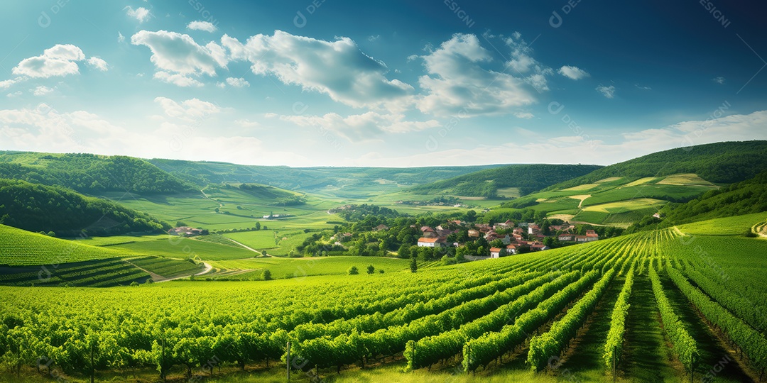 Campo verde com fileiras de videiras para colheita. Uvas maduras para a produção de vinhos finos.