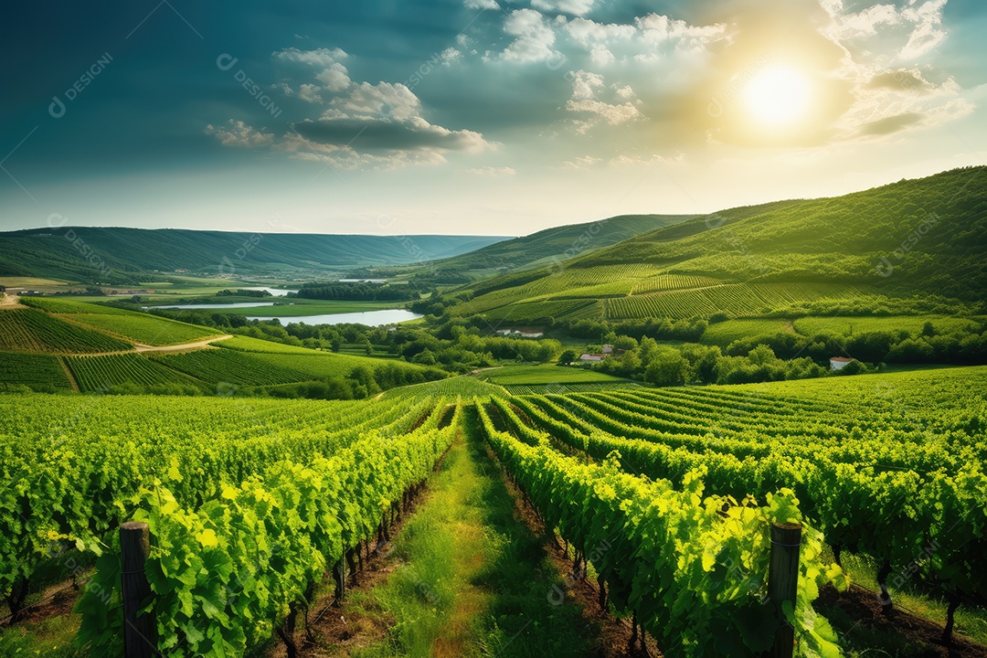 Campo verde com fileiras de videiras para colheita. Uvas maduras para a produção de vinhos finos.