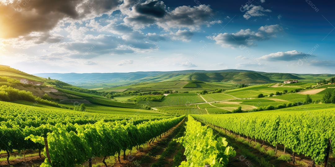 Campo verde com fileiras de videiras para colheita. Uvas maduras para a produção de vinhos finos.