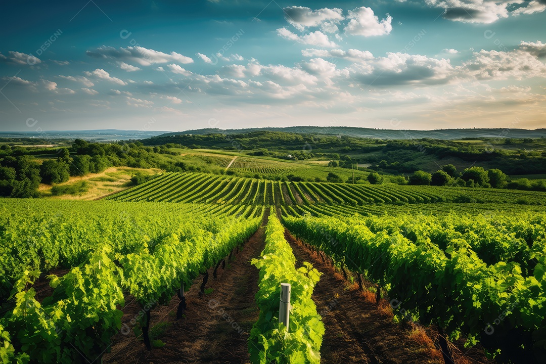 Campo verde com fileiras de videiras para colheita. Uvas maduras para a produção de vinhos finos.