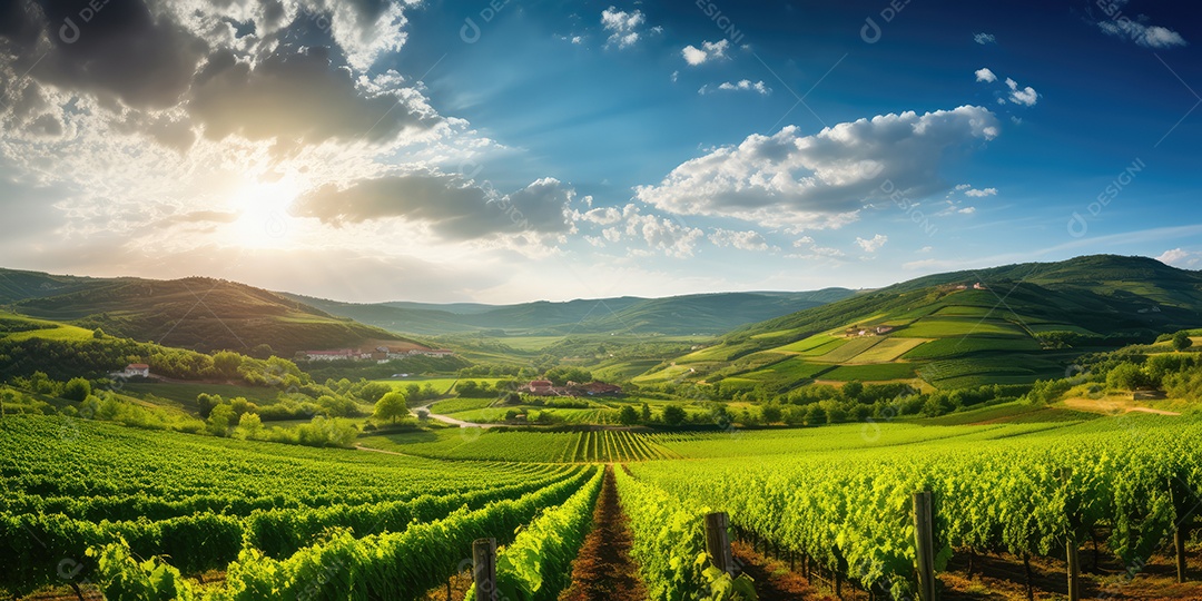 Campo verde com fileiras de videiras para colheita. Uvas maduras para a produção de vinhos finos.