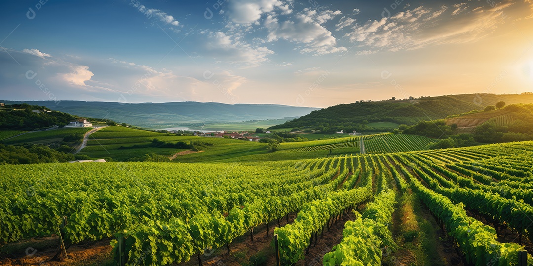 Campo verde com fileiras de videiras para colheita. Uvas maduras para a produção de vinhos finos.