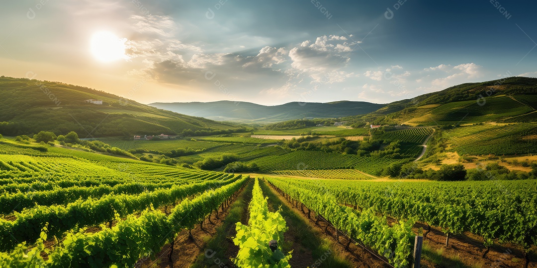 Campo verde com fileiras de videiras para colheita. Uvas maduras para a produção de vinhos finos.
