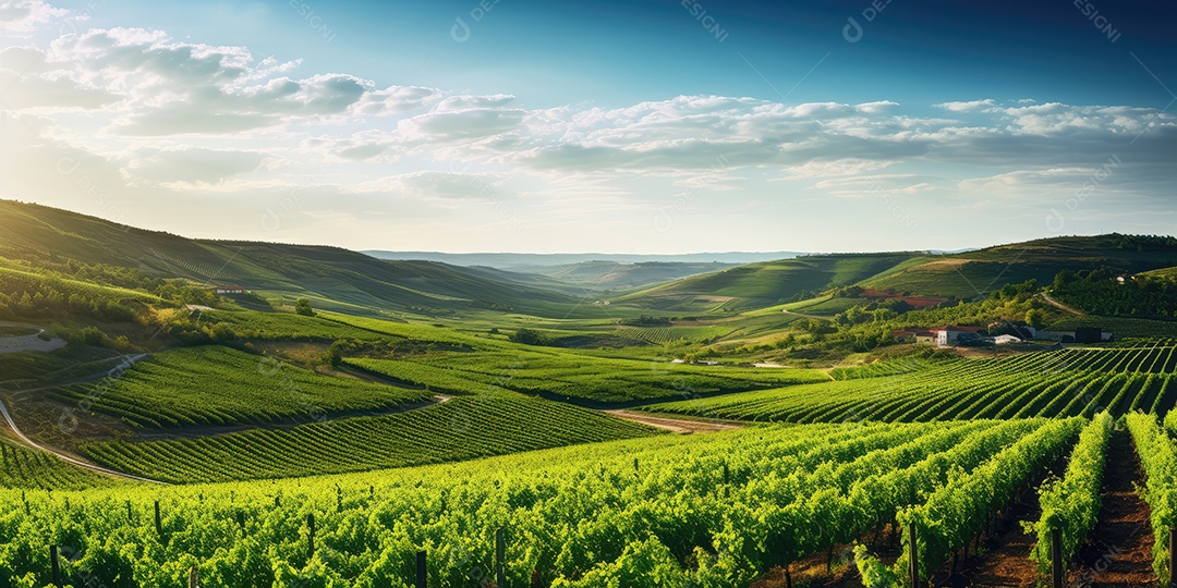 Campo verde com fileiras de videiras para colheita. Uvas maduras para a produção de vinhos finos.