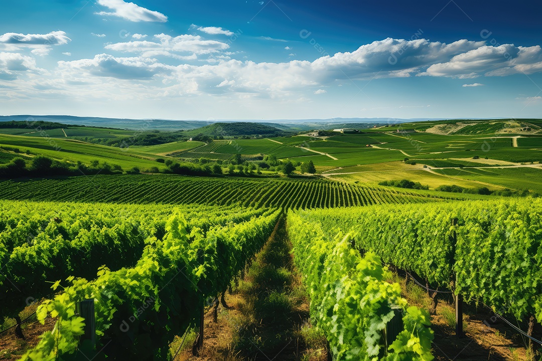 Campo verde com fileiras de videiras para colheita. Uvas maduras para a produção de vinhos finos.