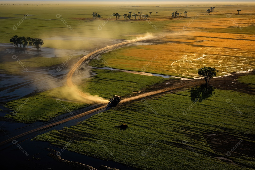 Pantanal com áreas de cultivo de algodão e milho, paisagem repleta de rios e fauna exótica.