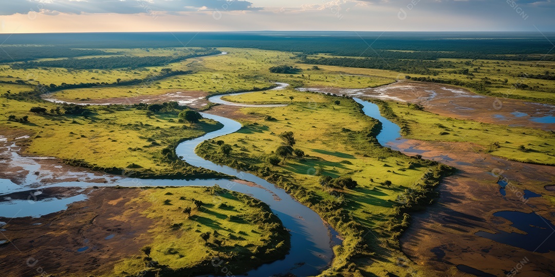 Pantanal com áreas de cultivo de algodão e milho, paisagem repleta de rios e fauna exótica.