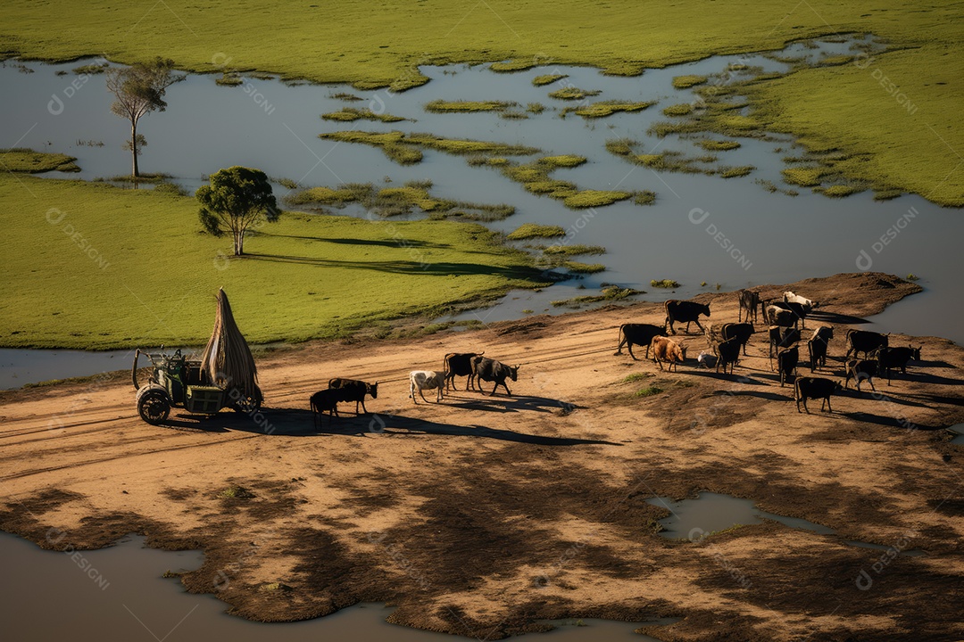 Pantanal com áreas de cultivo de algodão e milho, paisagem repleta de rios e fauna exótica.