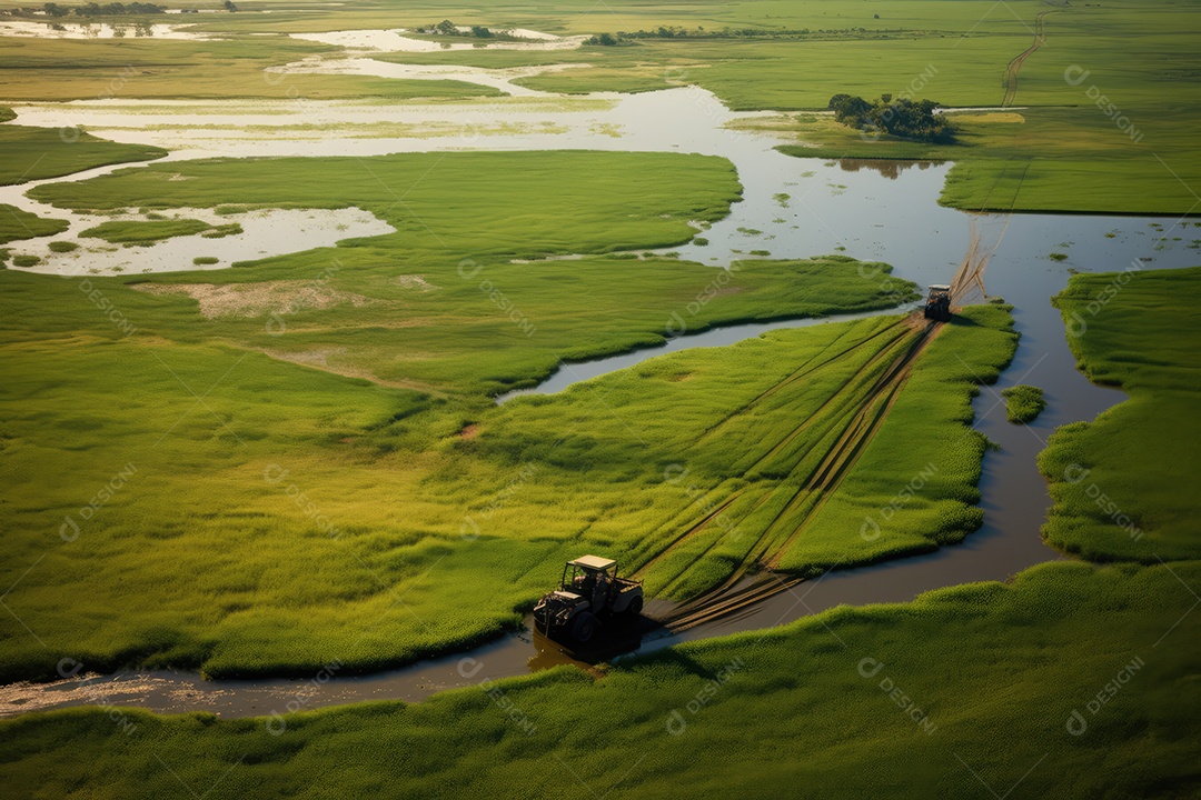 Pantanal com áreas de cultivo de algodão e milho, paisagem repleta de rios e fauna exótica.