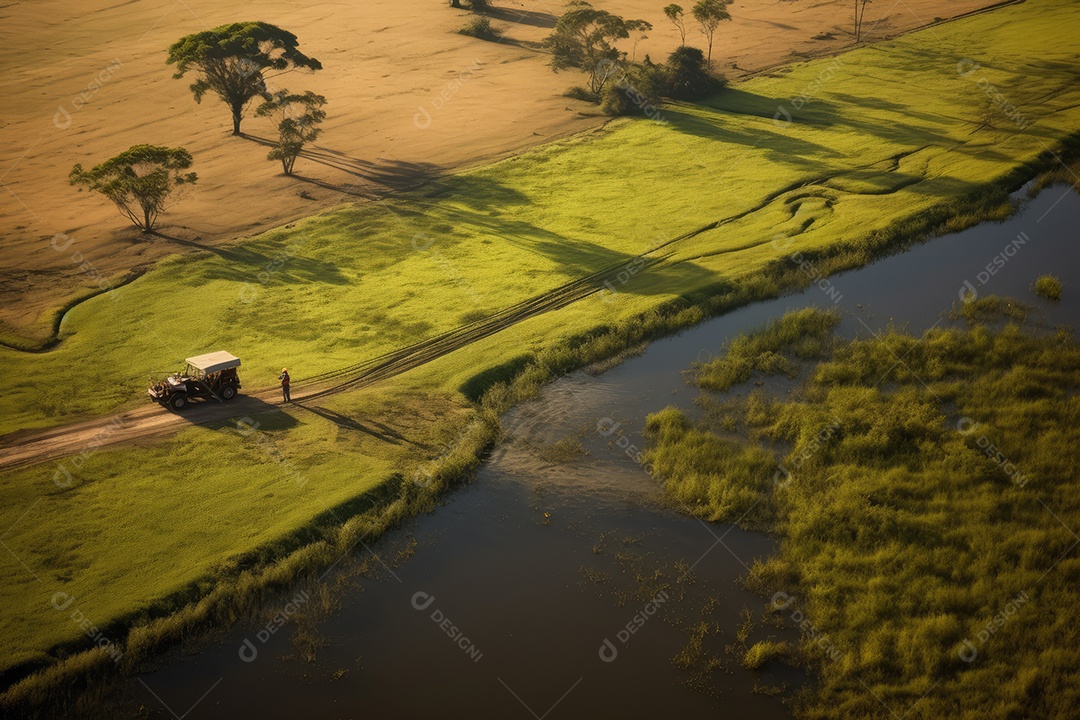 Pantanal com áreas de cultivo de algodão e milho, paisagem repleta de rios e fauna exótica.