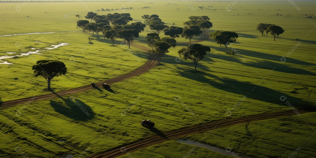 Pantanal com áreas de cultivo de algodão e milho, paisagem repleta de rios e fauna exótica.