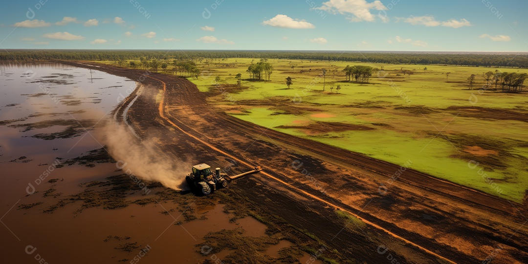 Pantanal com áreas de cultivo de algodão e milho, paisagem repleta de rios e fauna exótica.